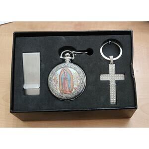 Religious Mens Pocket Watch Keychain Money Clip Catholic Gift Set Fathers